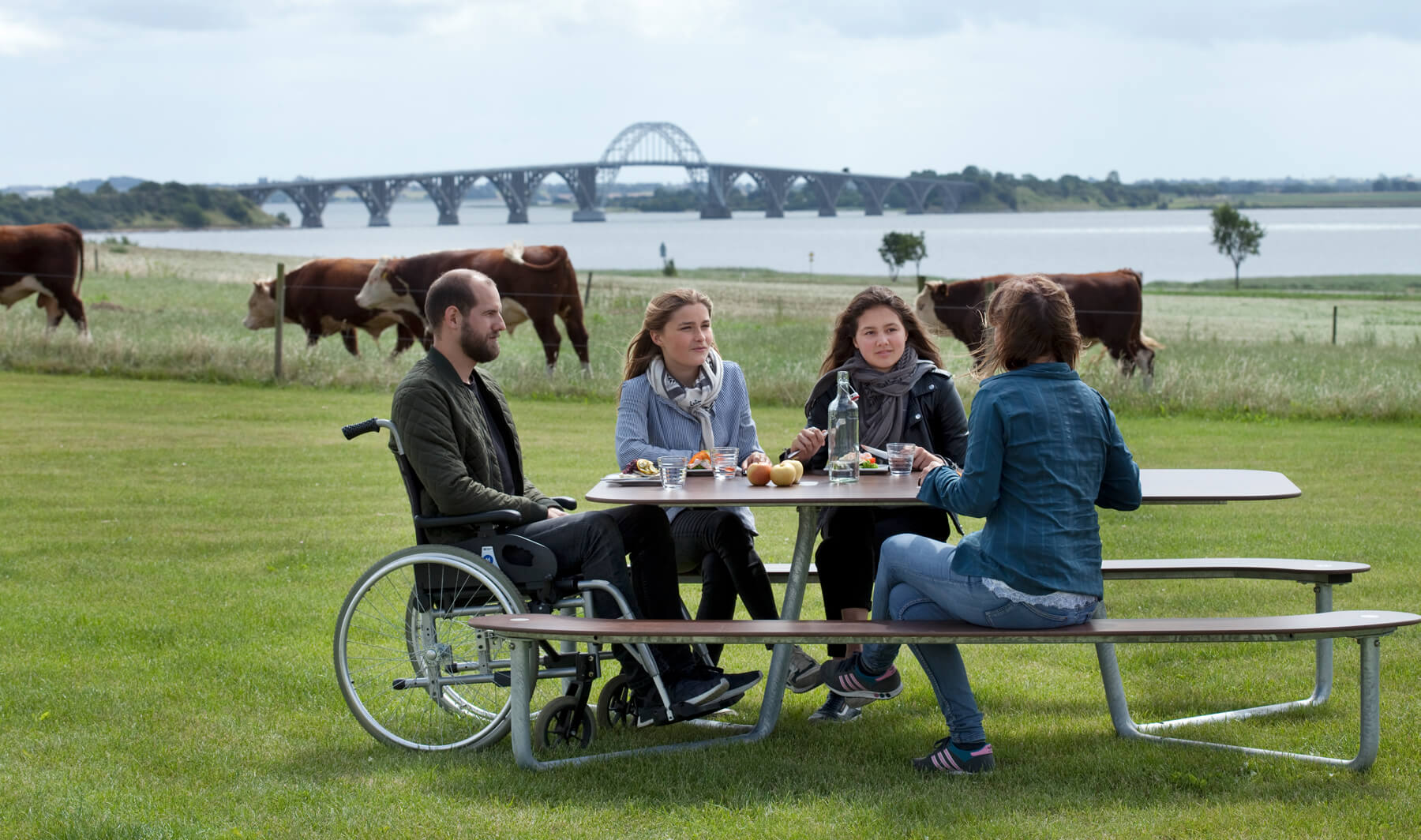 Et plateau picnic I bord i grønne omgivelser, hvor fire personer spiser frokost
