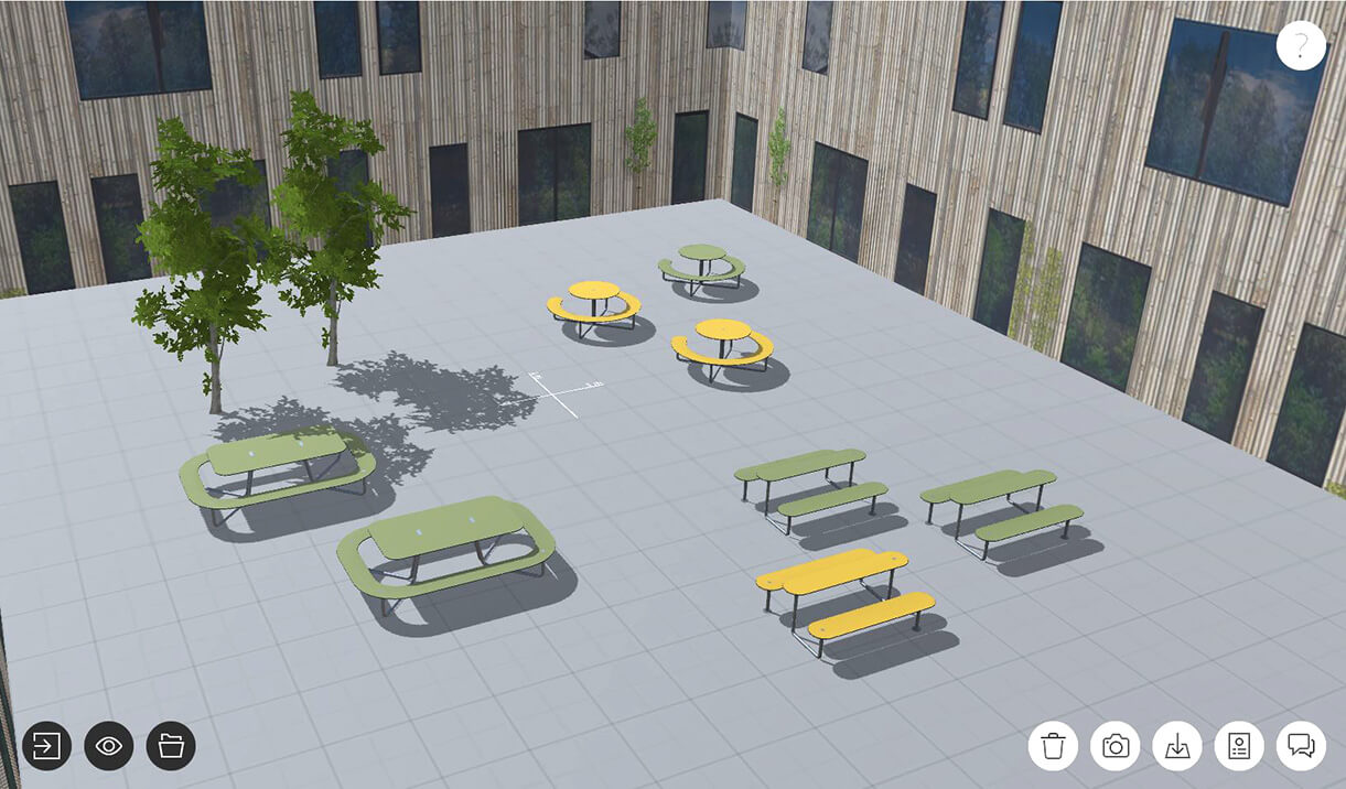 Otte grønne og gule bordbænkesæt i et virtuelt miljø designet i ViZU